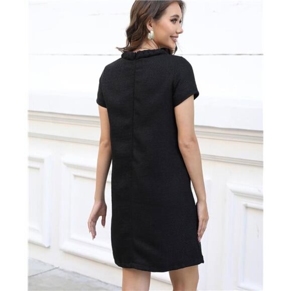 Women's Tweed Jackie Dress Crew Neck Short Sleeve Button Bodycon Mini - Picture 3 of 6